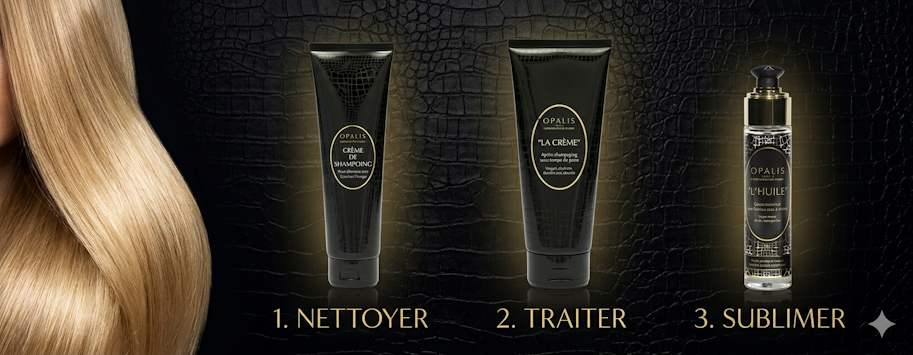 Une routine de soin capillaire Opalis en trois &eacute;tapes pr&eacute;sent&eacute;e sur un fond noir textur&eacute; fa&ccedil;on croco. De gauche &agrave; droite : une m&egrave;che de cheveux blonds brillants, puis trois produits align&eacute;s. Le num&eacute;ro 1, un tube noir de "Cr&egrave;me de Shampooing", avec le texte "NETTOYER". Le num&eacute;ro 2, un tube noir plus grand de "La Cr&egrave;me", avec le texte "TRAITER". Le num&eacute;ro 3, un flacon pompe transparent de "L'Huile" aux d&eacute;tails dor&eacute;s, avec le texte "SUBLIMER".